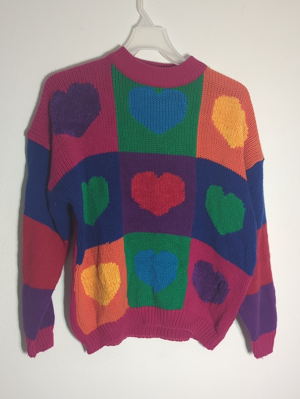 Women's Vintage Sweater 80s 90s Hearts Colorful Multi-color Oversized Rainbow XL